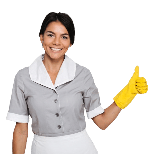 young beautiful lady thumbs up smiling and wearing cleaning gloves