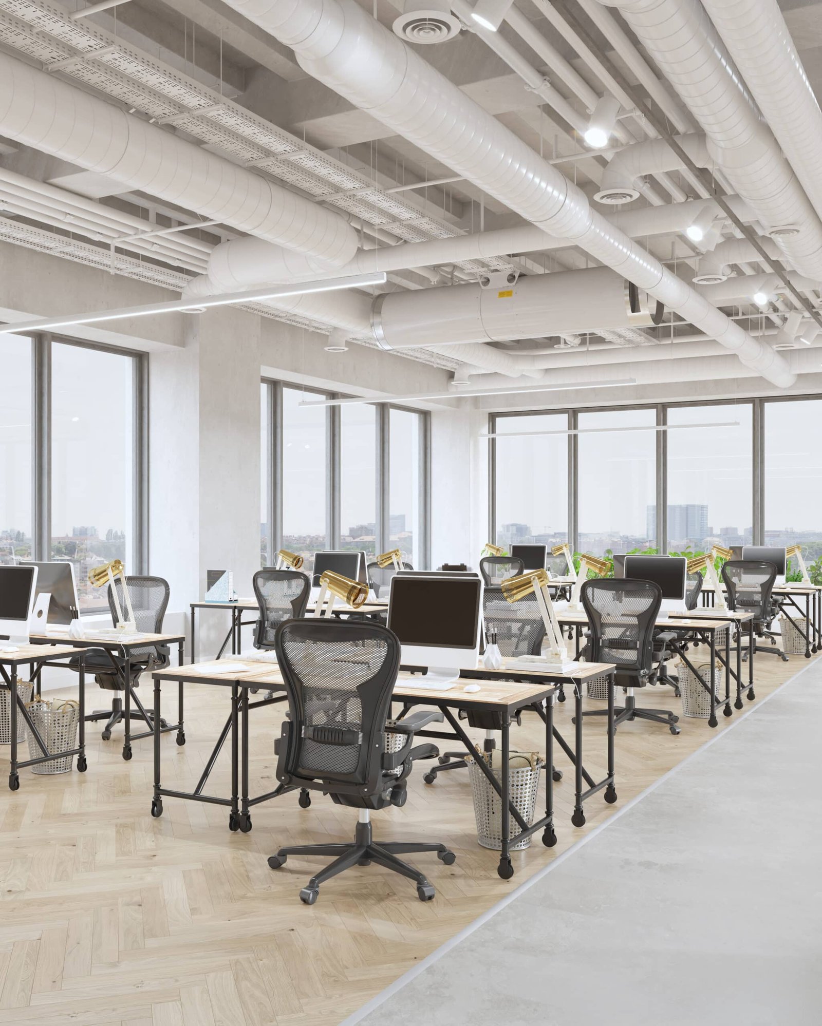 3D illustration of modern cleaning services London office. Bright office in loft style.